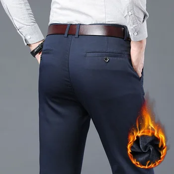 2023 uomo autunno inverno pile fluff addensare pantaloni casual caldi uomo business dritto elastico pantaloni di cotone spesso maschile 1