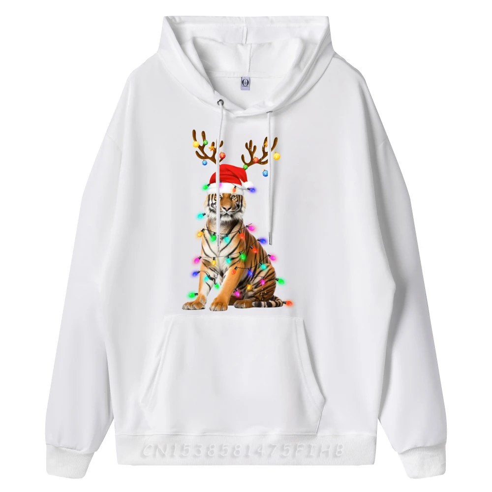 Santa Hat Funny Tiger Tree O Neck Sweatshrt Autumn Hoodies long Sleeve Loose Gift Idea Hoodies Leisure Mens  Santa Hat Funny Tiger Tree Xmas Light Animal Christmas white