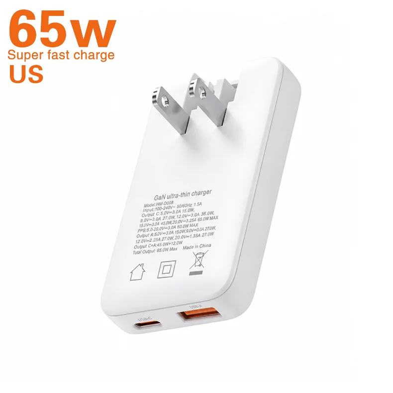 شاحن TINSOL PD 65W فائق النحافة من نيتريد الغاليوم مع منفذين USB-C للشحن السريع، متوافق مع مقابس الولايات المتحدة/أوروبا/كوريا/المملكة المتحدة، مع قوابس سفر متعددة الدول