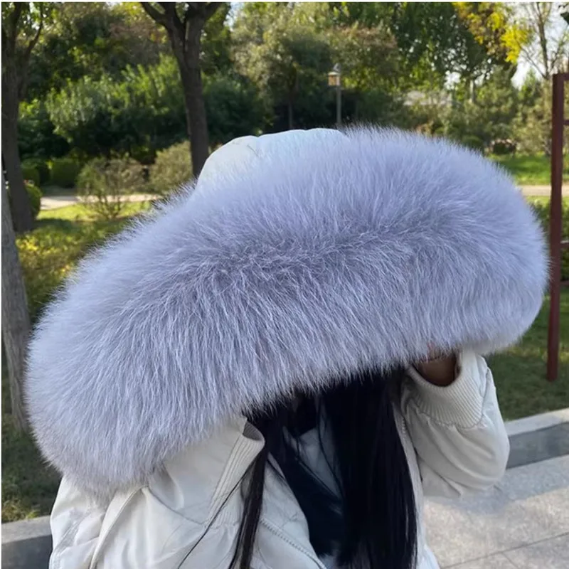Winter 100% Real Fox Fur Straight Collar Winter Natural Hood Trims Decor Scarf For Coat Parkaks Warm Scarves Luxury Female Shawl 4