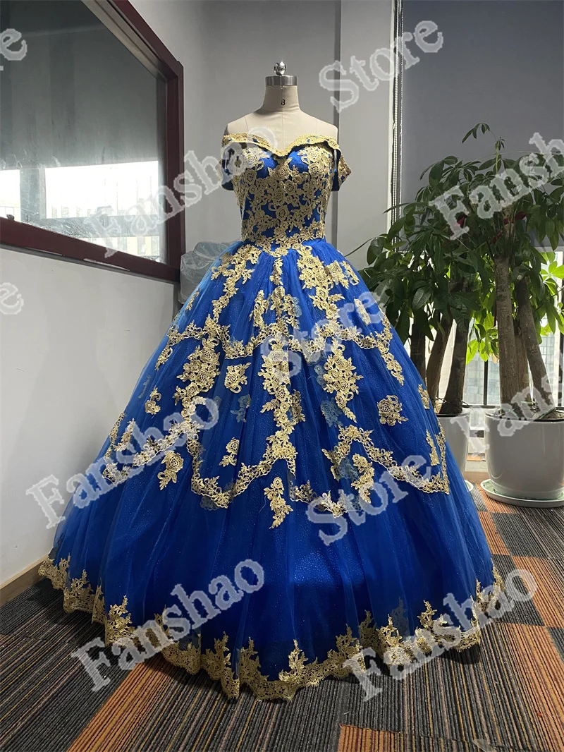 Delicate Off Shoulder Quincenera Sparkly Ball Gown Golden Appliqued Prom Party Robe De Soiree Celebrity 15 Ans Vestidos Fiesta quinceanera dresses