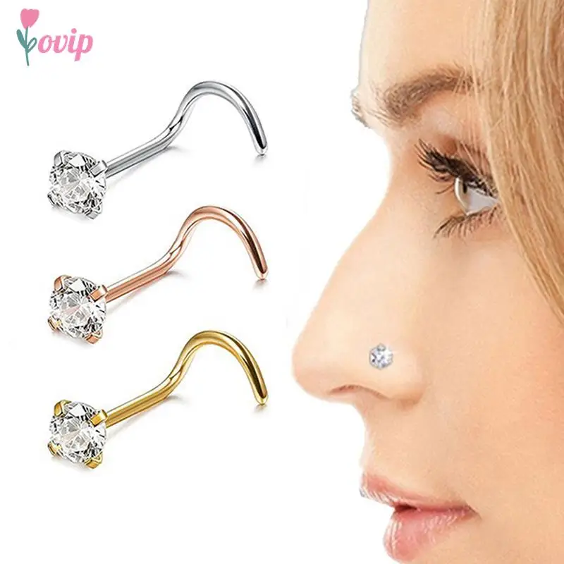 

1 Pcs 20G Steel CZ Gem Piercing Nose Screw Curved Prong Nose Stud Rings Body Jewelry Nose Rings Nariz Earrings Nostril Piercings