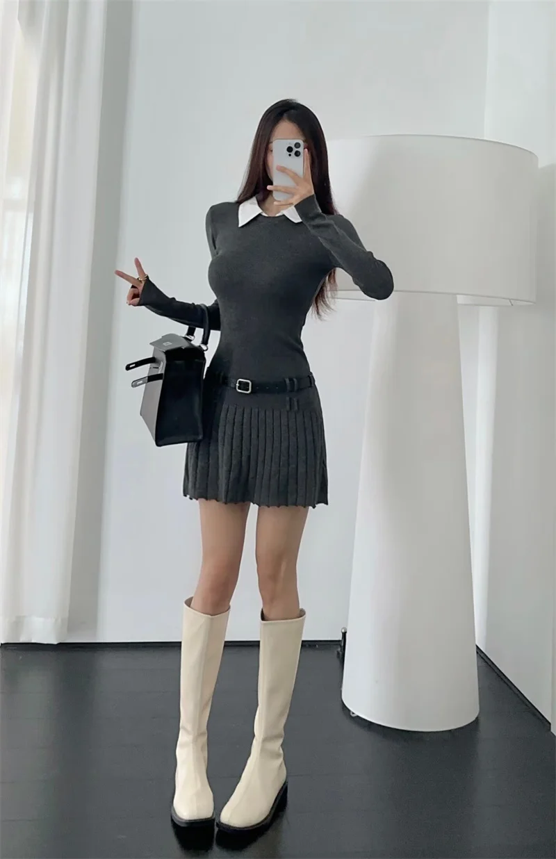Korean Fashion Knitted Short Dresses for Women Autumn New Patchwork Long Sleeve Pleated A-line Y2K Sexy Party Dress with Belt