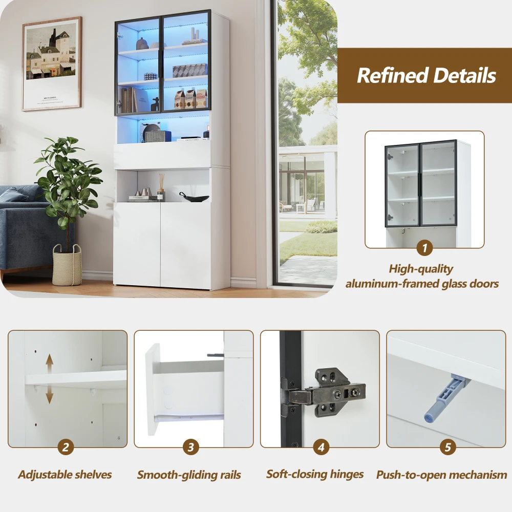 70*30*200cm Vitrine, Vitrine mit Schubladen und Schränken, mit Glastüren und LED, und offenem Stauraum, Bücherregal – Detail 9