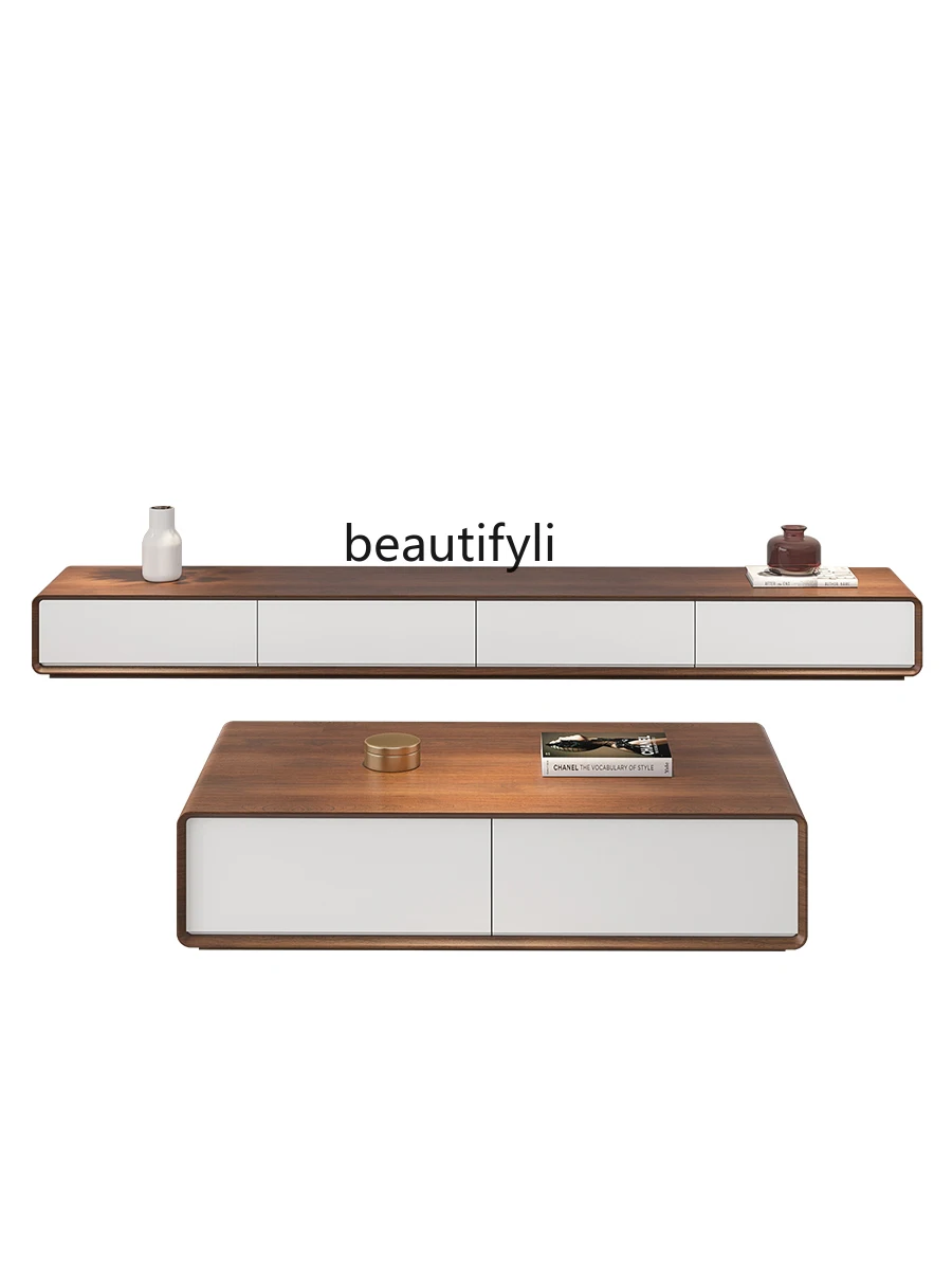 

Modern Minimalist Solid Wood TV Cabinet Coffee Table Combination Nordic Living Room Large and Small Apartment Type Walnut