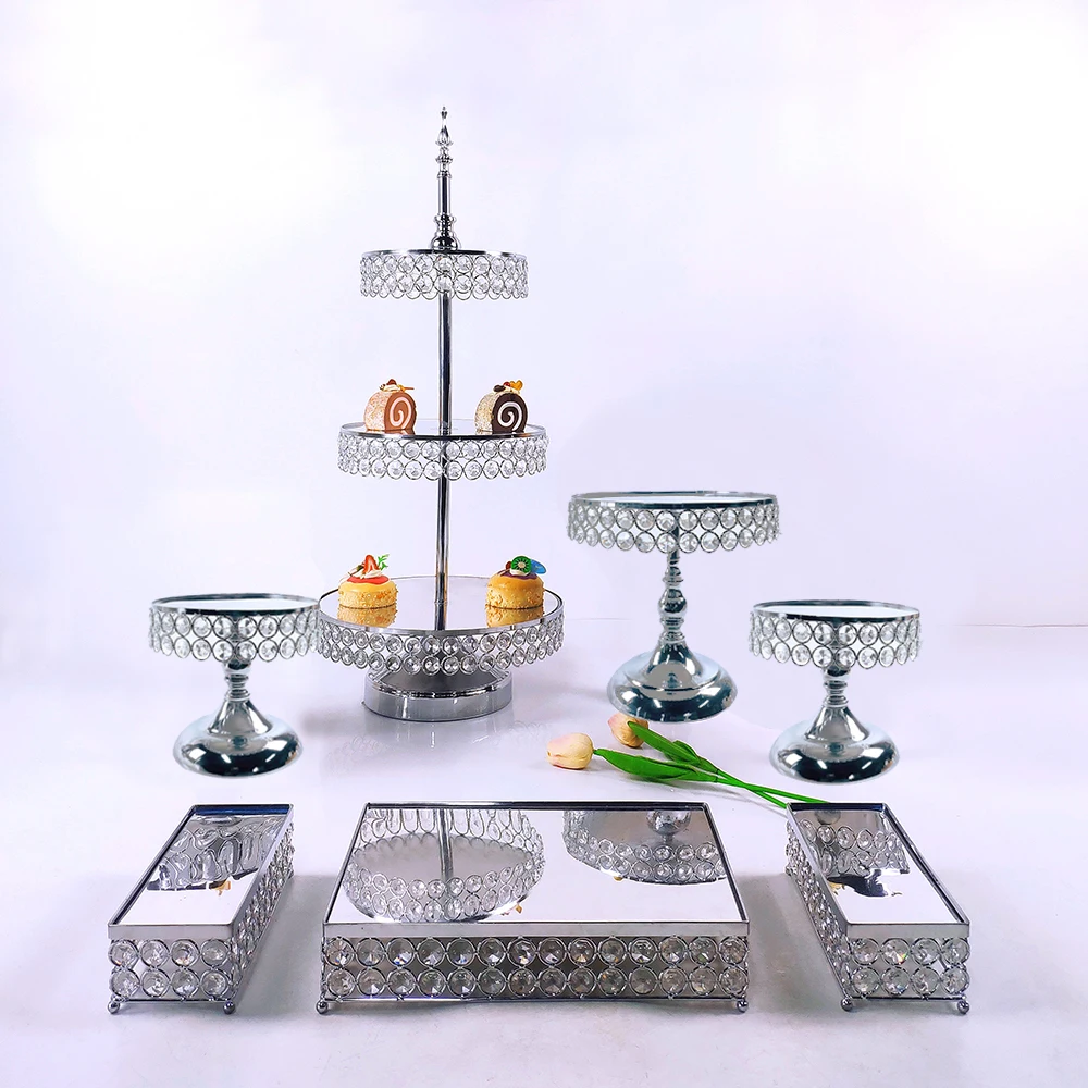 

Gold 7pcs Electroplate Metal Crystal Cake Stand Set Display Wedding Birthday Party Dessert Cupcake Plate Rack