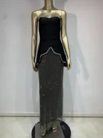 Women Sexy Strapless Diamonds Net Maxi Long Two Pieces Skirt Bandage Set 2025 Celebrity Designer Fashion Women's Set - Image 3
