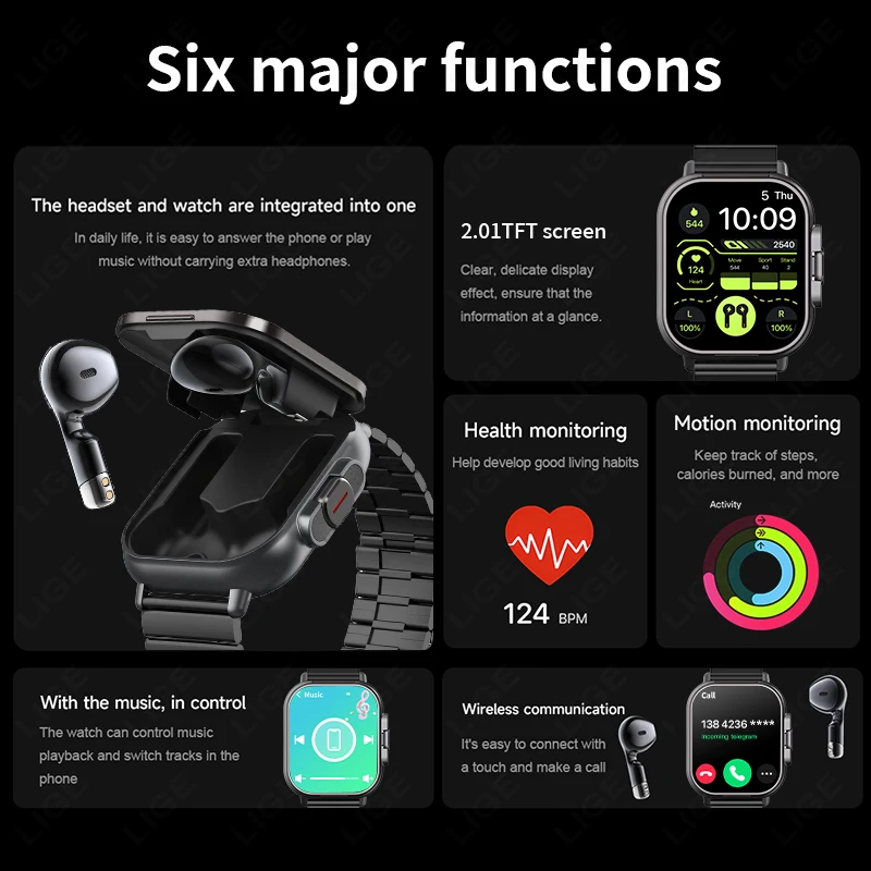 NFC Smart Watch TWS 2-in-1 Headset Bluetooth Call Heart Rate Blood Pressure Health Monitoring Headphones Play Music Smartwatch