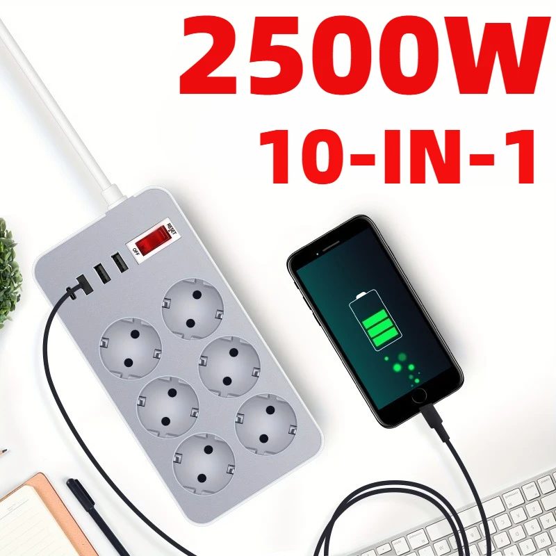 10-in-1 Power Strip with Surge Protection EU Plug AC Outlets Multitap Socket Extension Socket Adapter