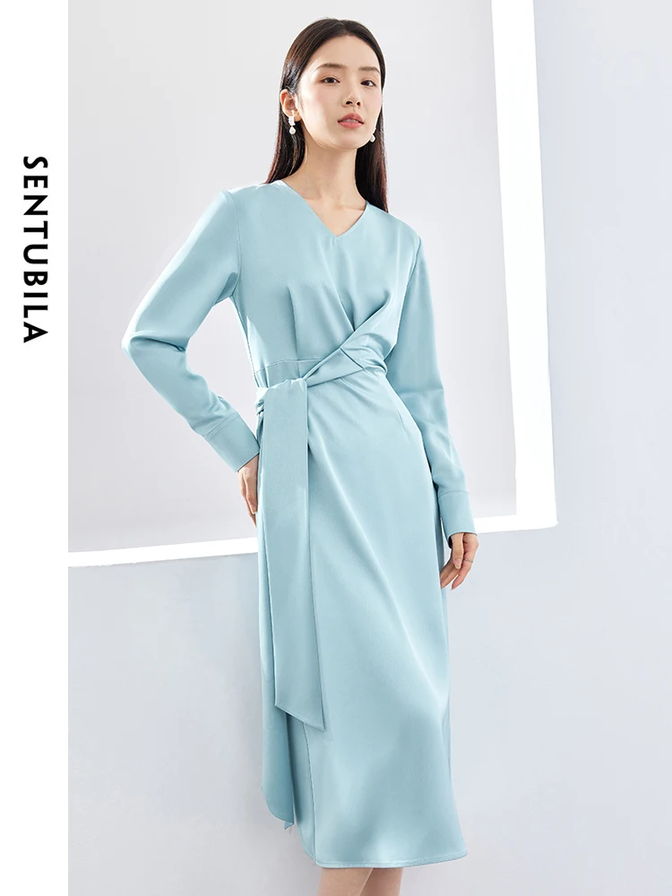 

SENTUBILA V-neck Split Straight Solid Midi Dress Woman 2024 Fashion Elegant Lace-up Waisted Long Sleeve Spring Dresses 141L52625