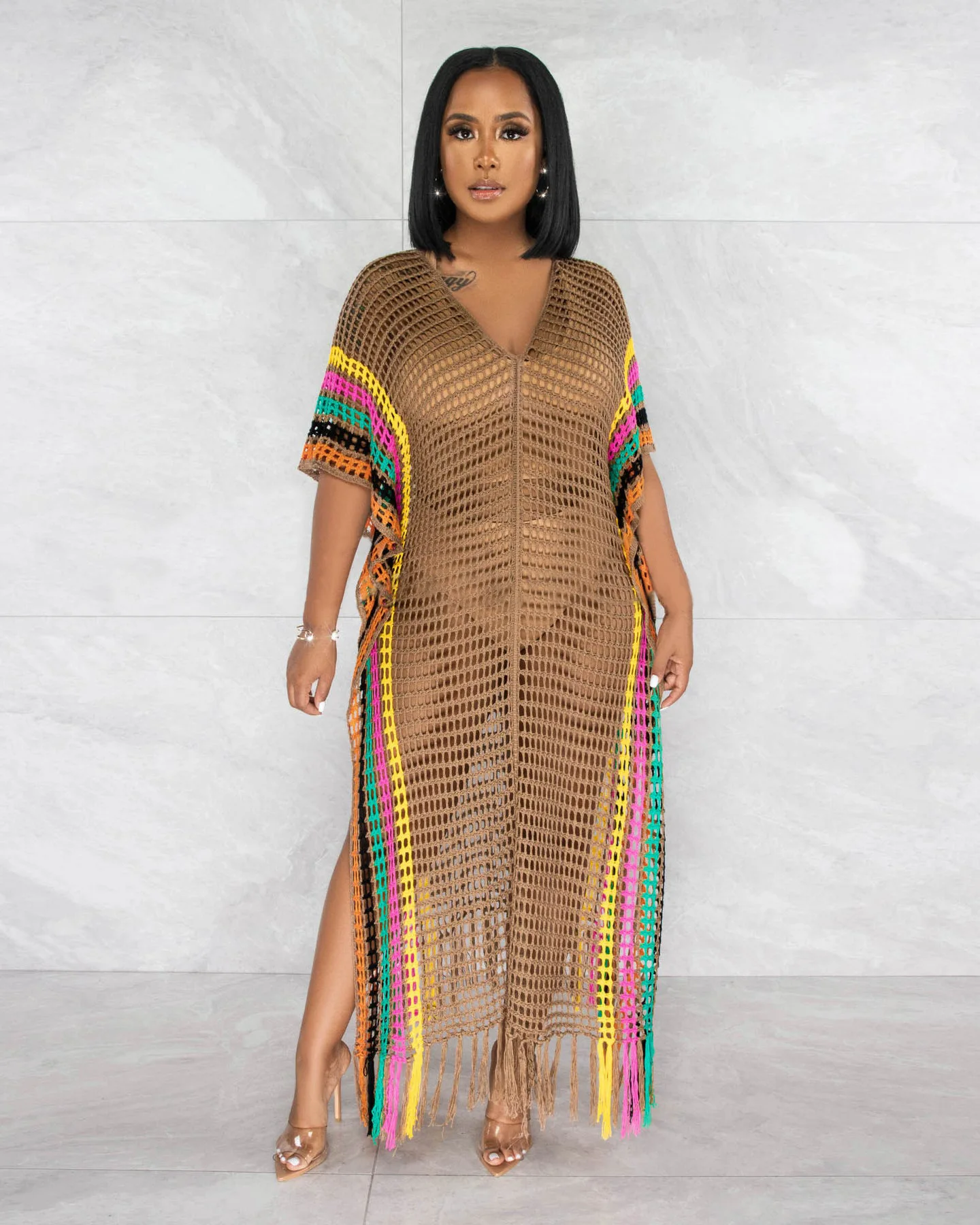 Summer Women Sexy Mesh Hollow Out Tassel Vacation Beach Dress Collision Color V-Neck Bikini Beach Cover Up Swimsuit Swimwear