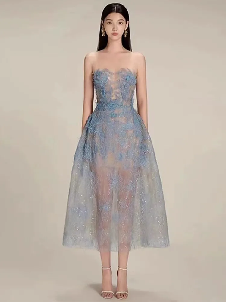 Korean Style 3D Flower Sequin Lace Strapless Dress Elegant Multi-color Mesh Long Dresses Women 2025 New Spring Summer A7877