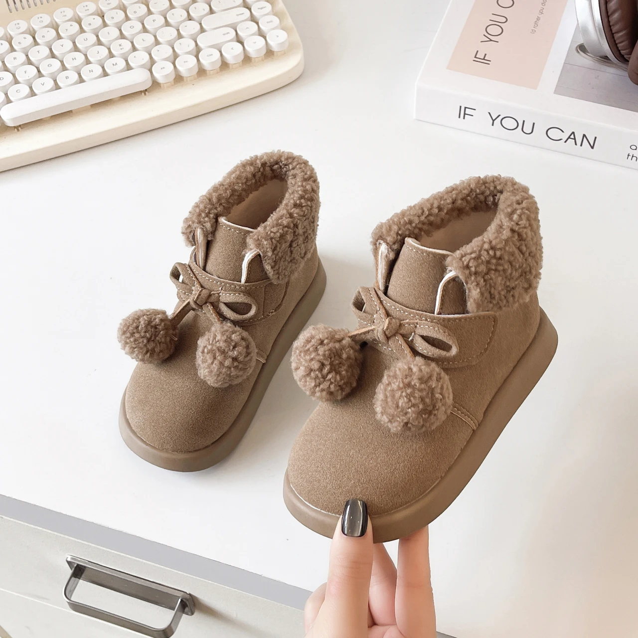 Leather Kids Boots with Plush Ball for Girls Autumn Winter