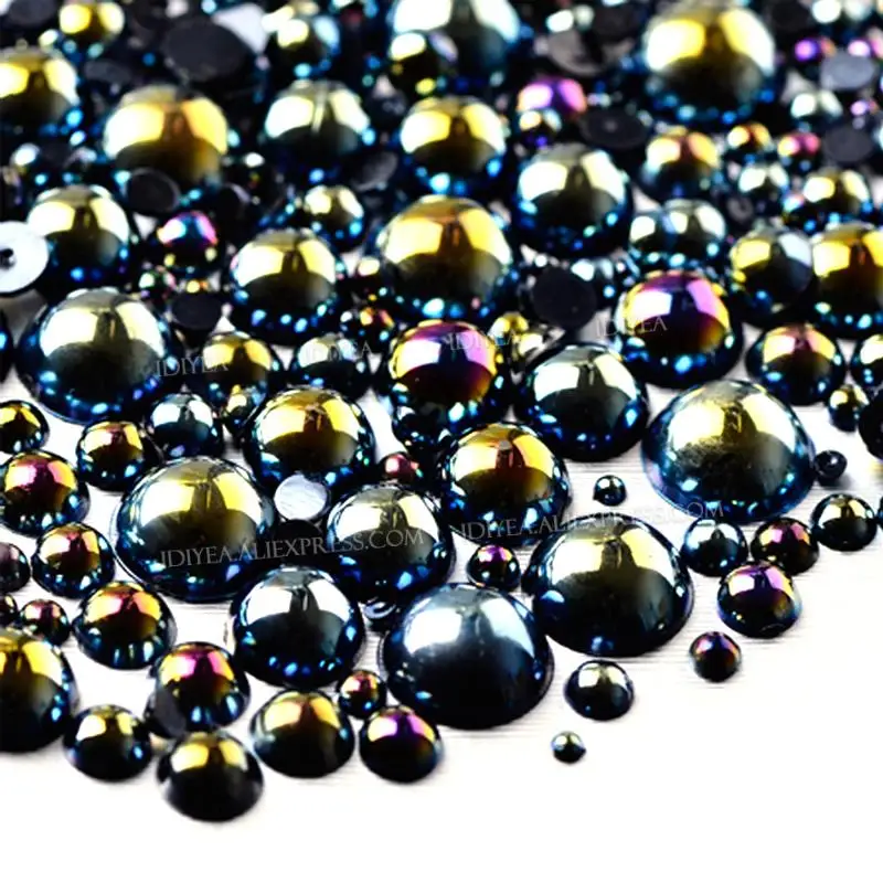 Jet Black Half Round Imitation Pearl Beads