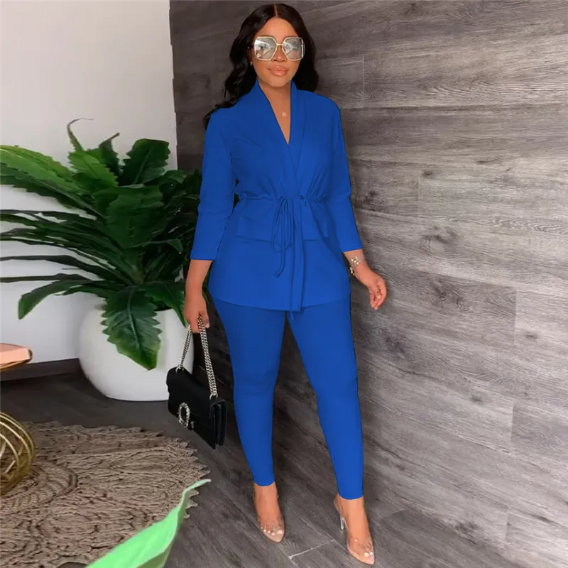 Elegant Office Lady 2 Piece Set Women Suit Drawstring pleat Blazer and Pencil Pant Sets Business Work Wear Formal Matching Sets