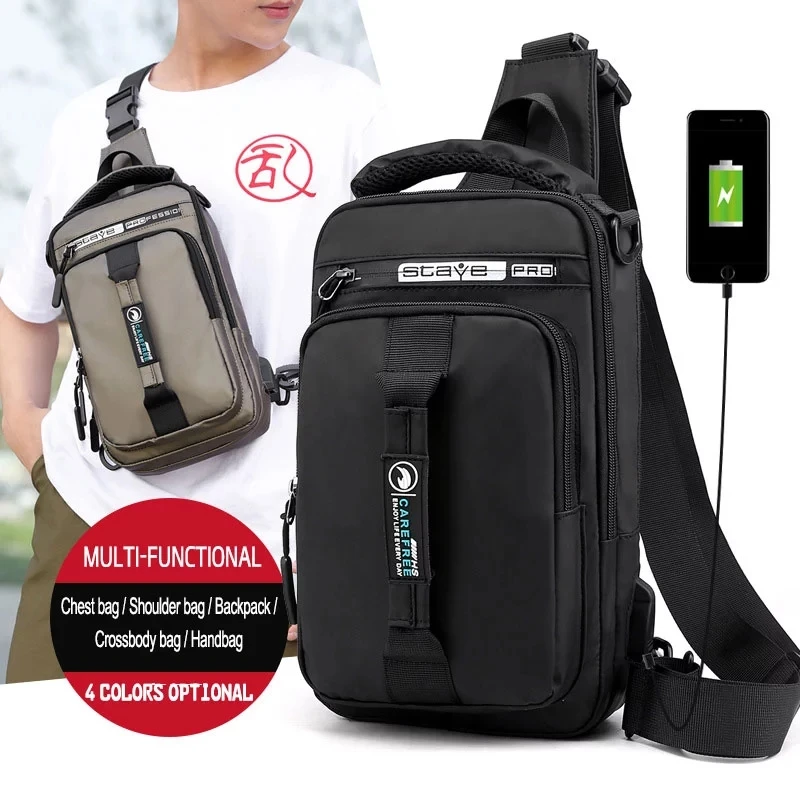 

Men Nylon Crossbody Bag with USB Charging Port Multifunction Chest Bags Outdoor Travel Waterproof Daypack Male Casual Backpack