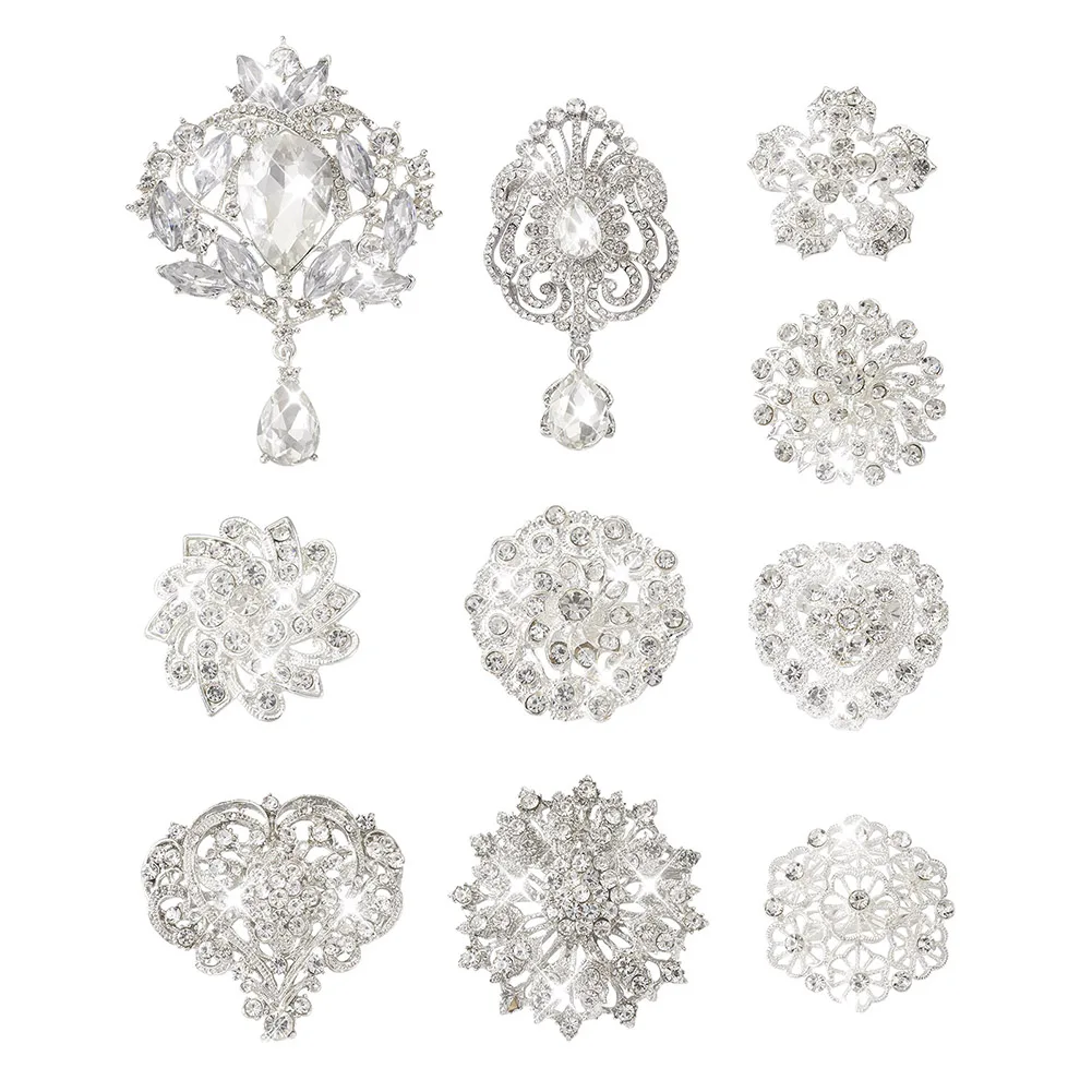 10Pcs Crystal Rhinestone Brooches Pin Set Flower & Heart & Teardrop Exquisite Alloy Lapel Pin For Women Wedding Party Decoras