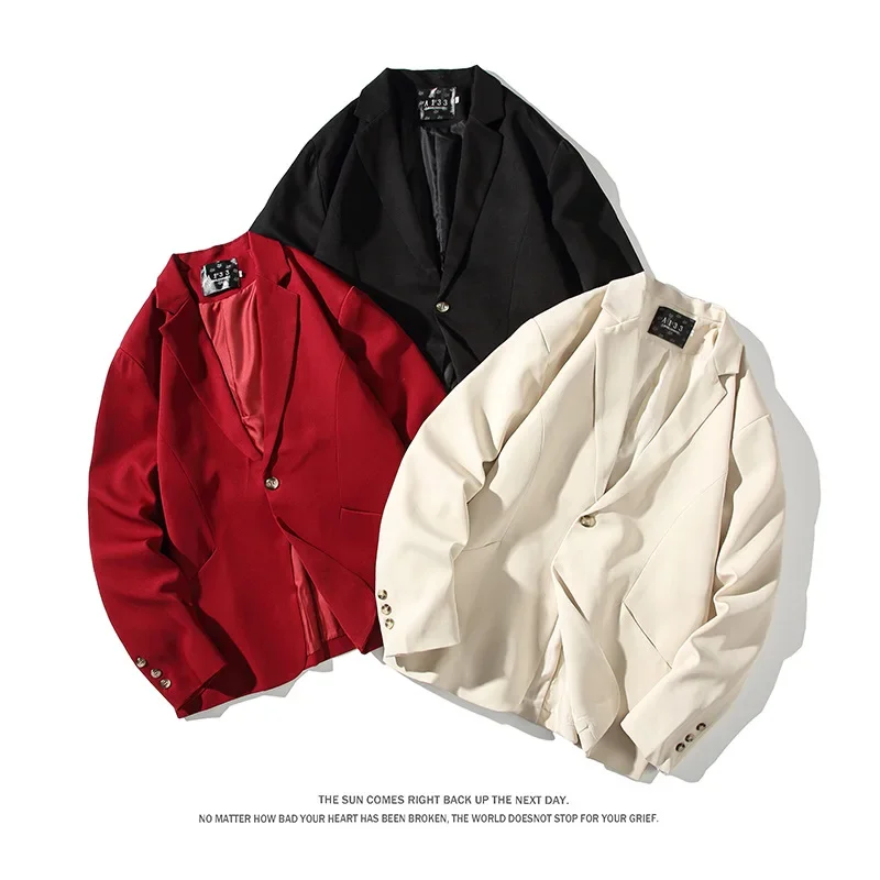 Men's Casual Suit High Quality Blazer Single Breasted Button Loose Solid Color Jacket Black Red beige M-3XL