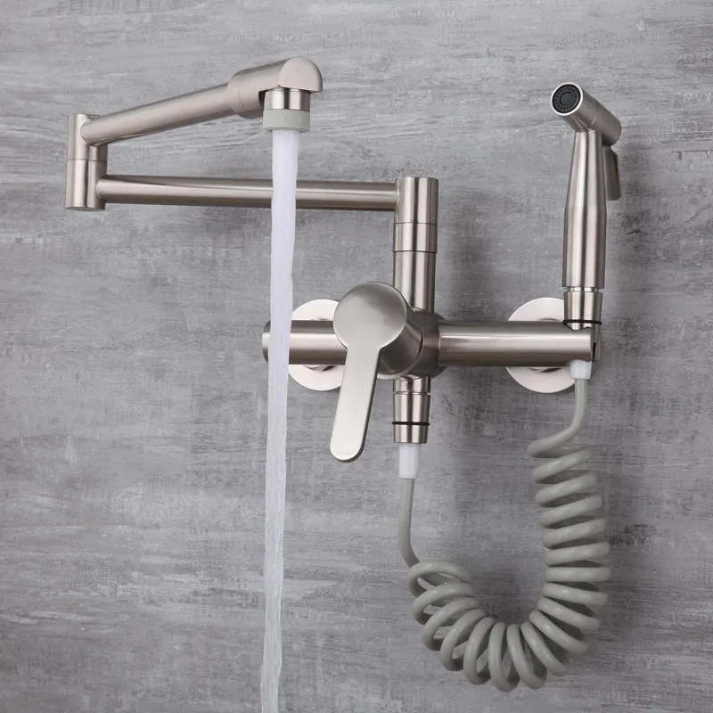 Nickel/Chrome Gun Wall Mounted Rotation Foldable  Kitchen Faucet Solid Brass Hot & Cold Sink Mixer Taps With Spray