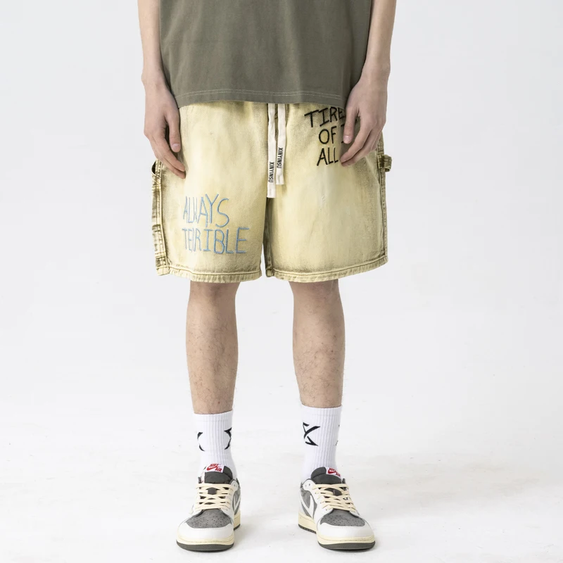 Five-Point Shorts Embroidered Distressed Loose Denim Cotton Men's and Women's Same Casual Fashion Loose Straight Summer Trendy