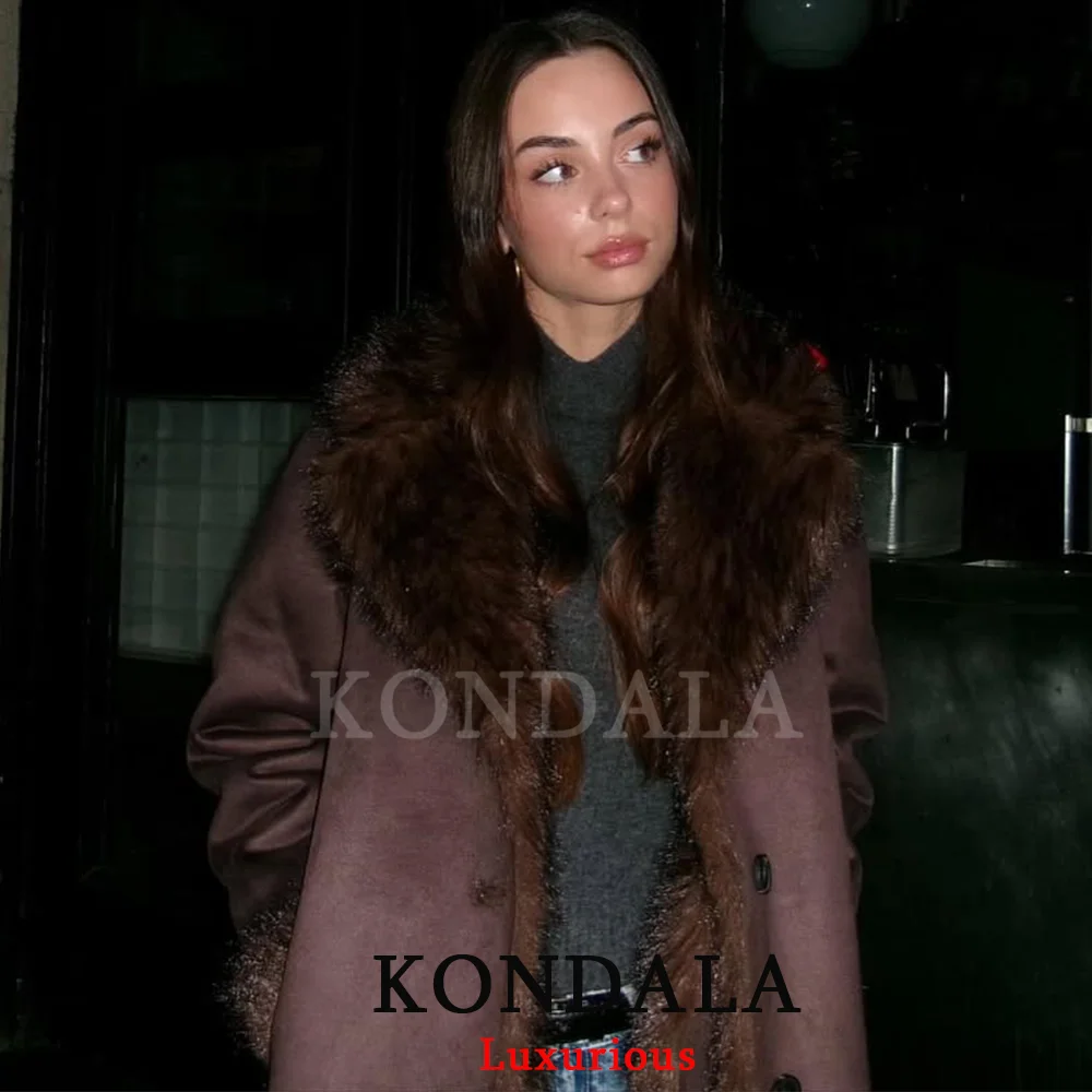 Brown Leather Fur Coat - Women's Casual Winter Jacket With Buttons & Pockets