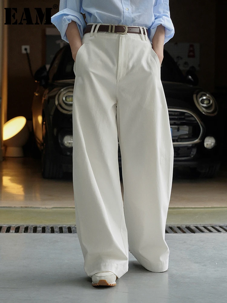 

[EAM] белые плиссированные длинные широкие элегантные брюки с высокой талией, новые свободные облегающие брюки, женские модные демисезонные 2024 1DF9889