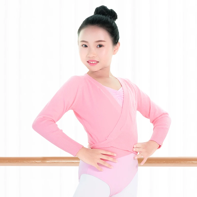 Child Girls Kids Ballet Dance Wrap Cross Tops Long Sleeve Waist Belt Sweater ballet tops kids dance tops