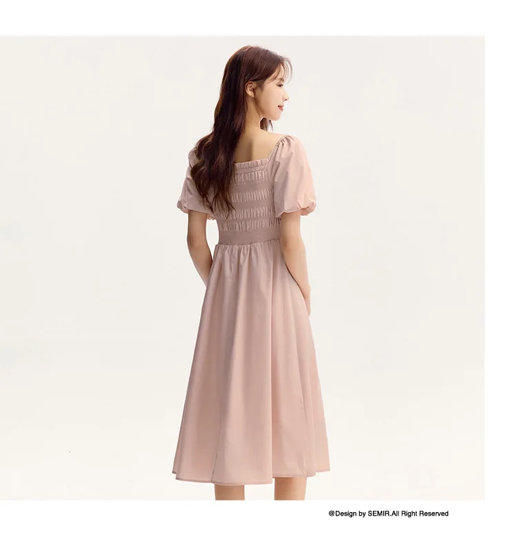 Vestido de mujer con escote cuadrado, mangas abullonadas, corte ajustado y elegante, nuevo vestido de verano divertido y elegante de largo medio.