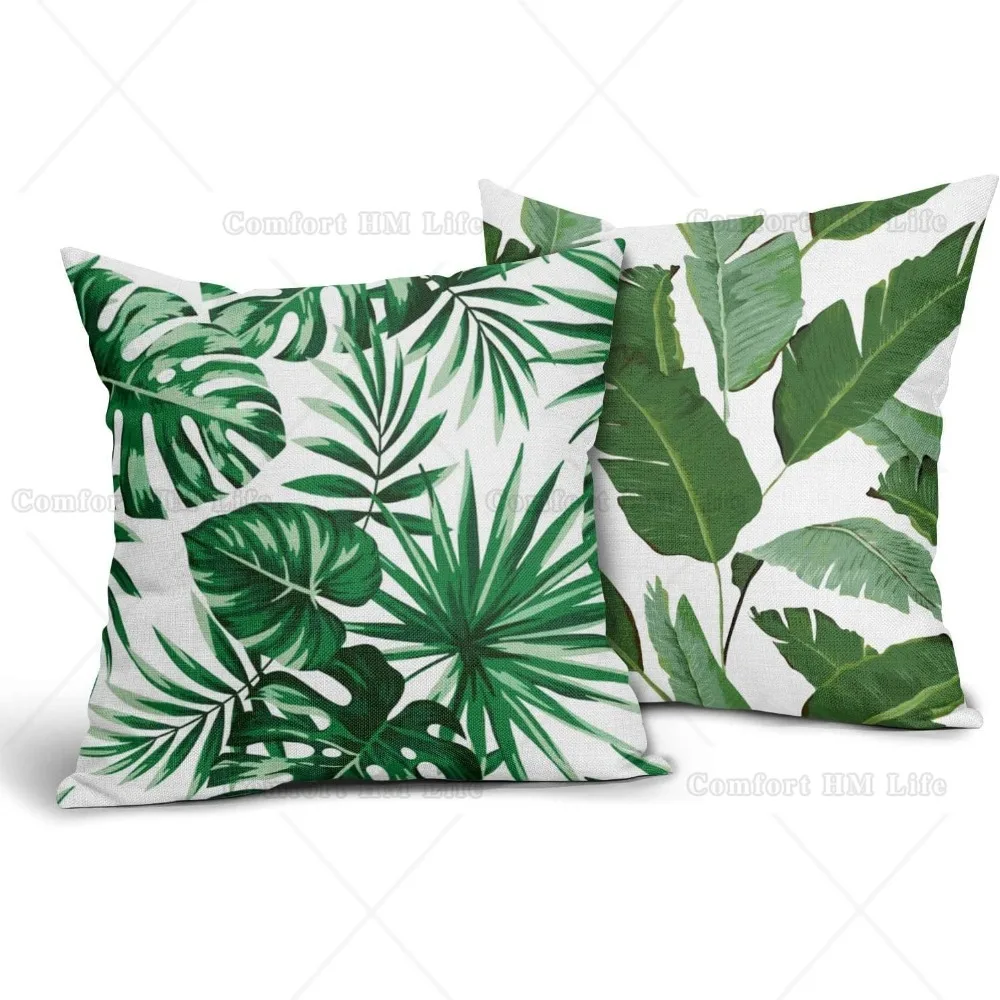 

Tropical Palm Leaf Throw Pillow Covers Set of 2 Green Banana Leaves Print Cotton Linen Pillow Case Hawaiian Plant Outdoor Decor