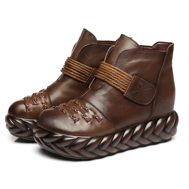 

Winter Platform Boots Women Handmade Genuine Leather Ankle Boots Ladies Shoes Soft Retro Wedges Shoes for Women