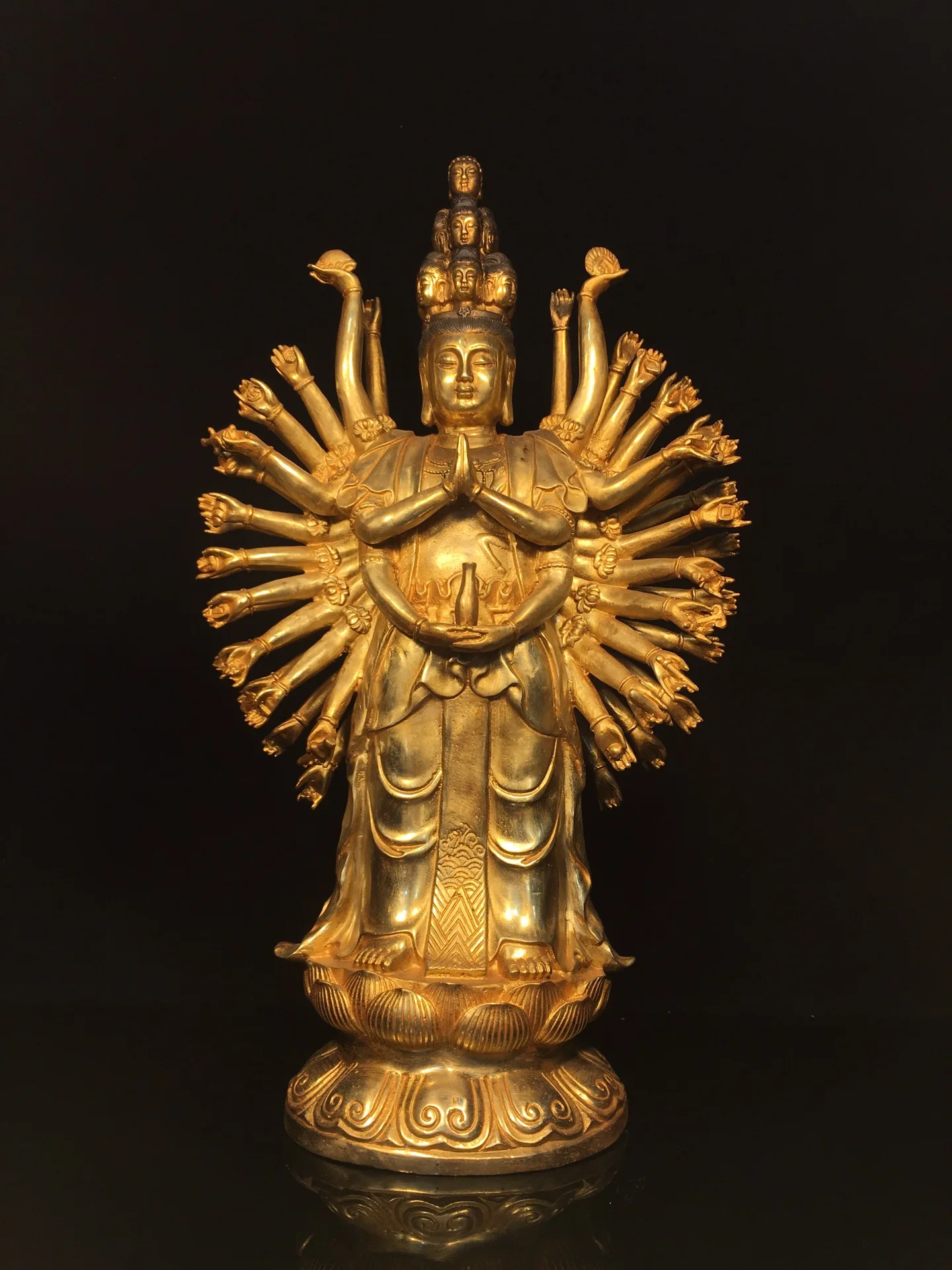 

21"Tibet Temple Collection Old Bronze Gilding 1000 Arm Guanyin Bodhisattva Buddha Worship Hall Town house Exorcism