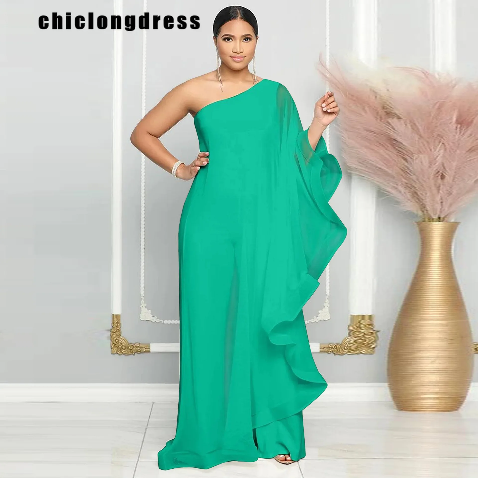 Autumn Elegant Diagonal Neck Single Sleeve Jumpsuit Women Fashion Solid Off Shoulder Chiffon Jumpsuit African Women