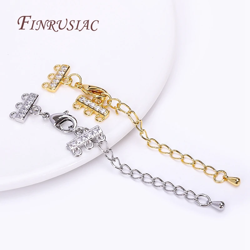 

застежка для бижутерии Позолоченная застежка-карабин с цирконом и удлинителем для 3-рядных браслетов и ожерелий