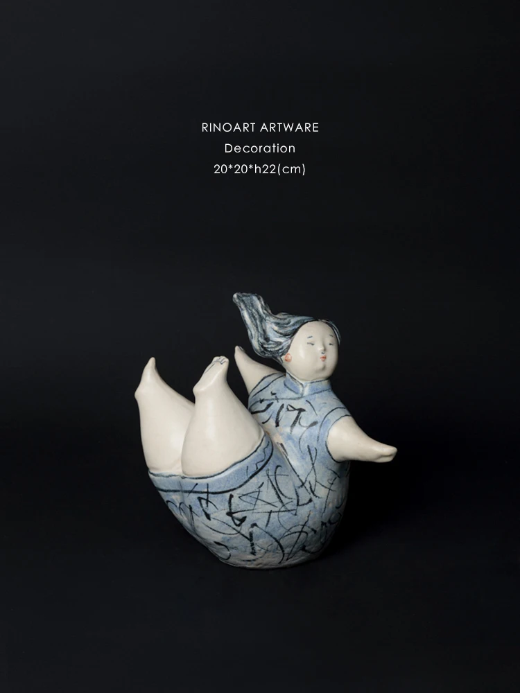 리노 홈 징더저엔 블루 스커트 뚱뚱한 소녀 레트로 아트 장식 거실 침실 테이블 탑 장식품 세라믹 창의적인 선물