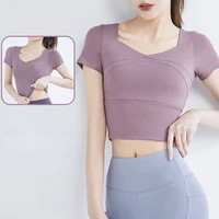 Slim Solid T Shirts for Women with Chest Pads Yoga T Shirts Gym Trainning Running High Elastic Fashion Knit Fitness Short Sleeve