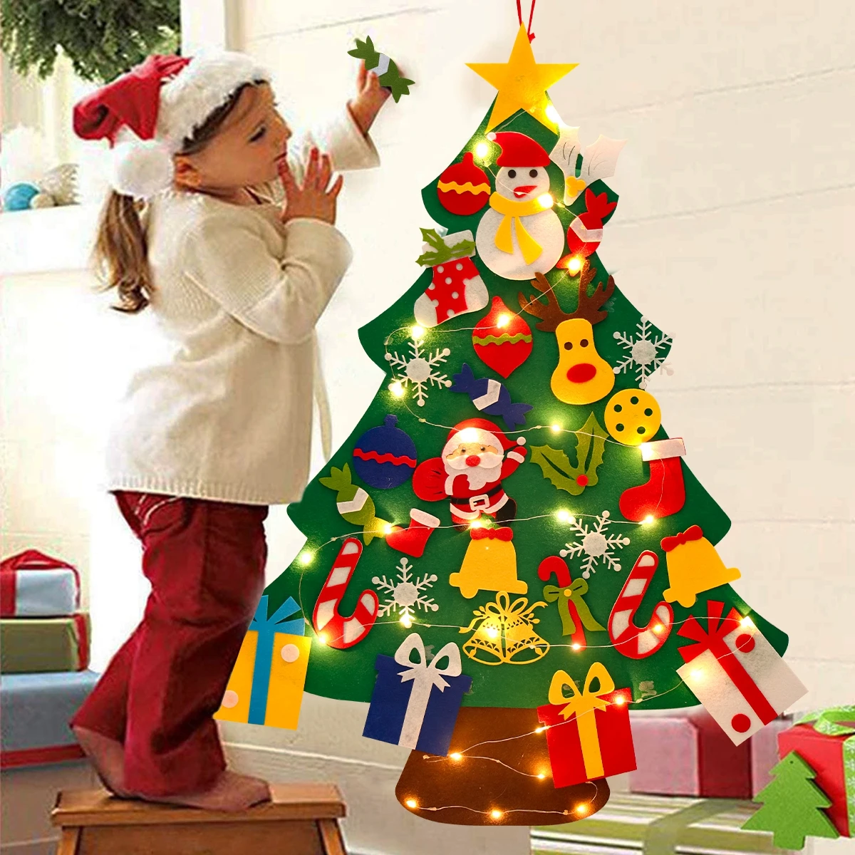 DIY Felt Christmas Tree Xmas Tree With Fairy String Lights Merry Christmas Decorations 2023 Christmas Ornaments Kids Gifts
