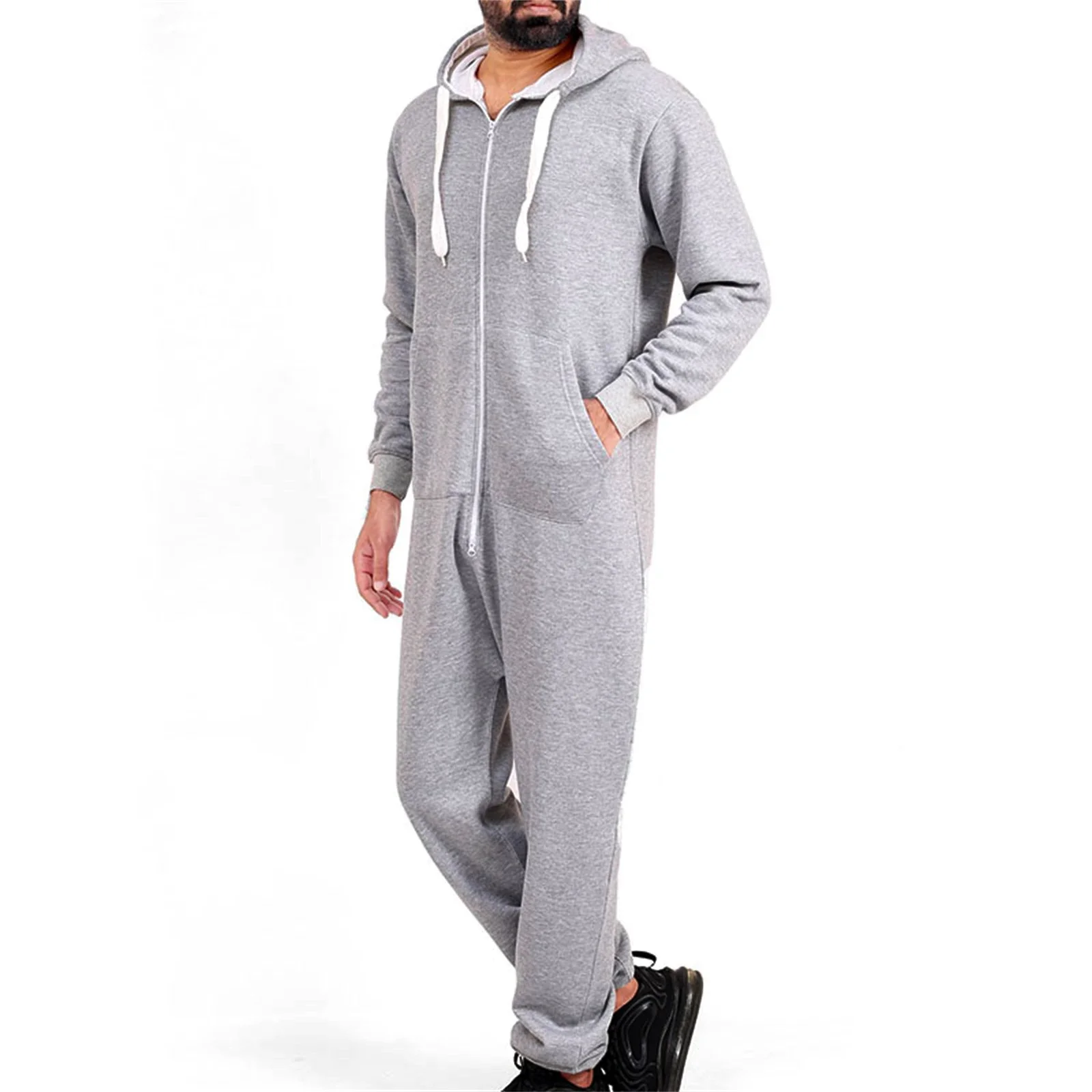 Men Hooded Jumpsuit Long Sleeve Zip-up Pajamas Sleepwear Loungewear with Pockets