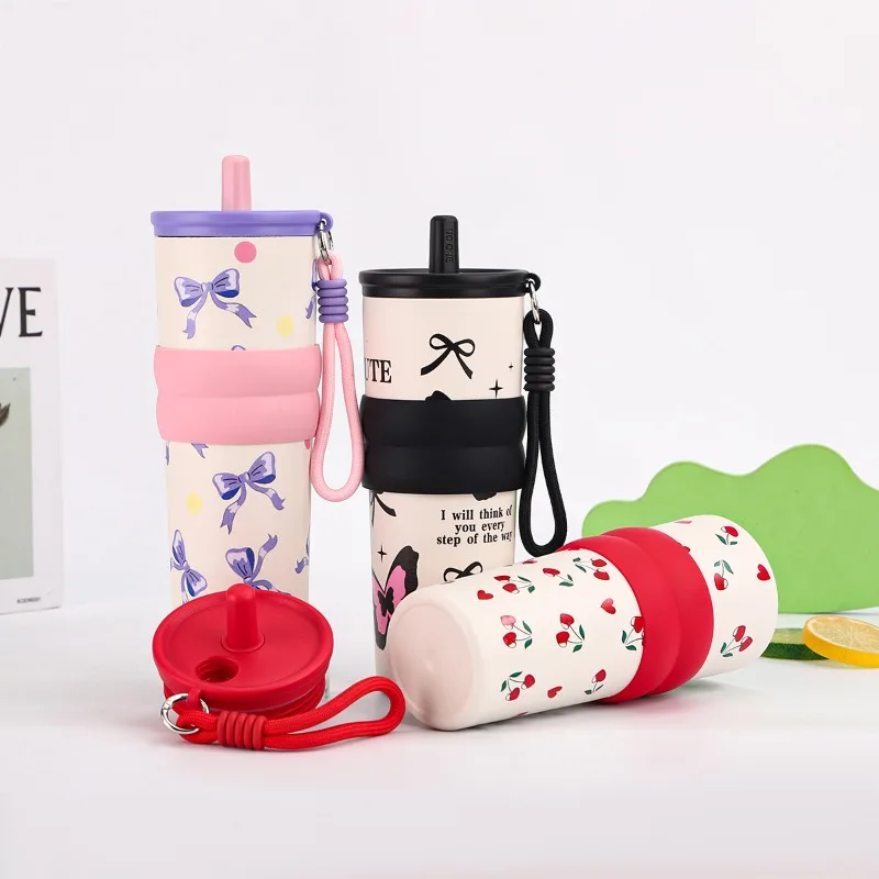 710ML Printed Bow Vacuum Cup Insulation Or Cooling Stainless Steel Cup With Lifting Rope High-Capacity Insulated Cup LIJIAO