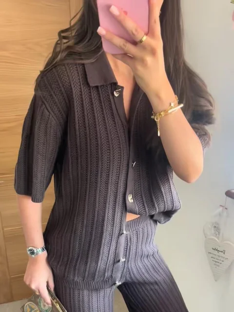 Vintage Knitted Loose Pants Set Women Brown Half Sleeve Lapel Single Breasted Cardigan Straight Trousers 2025 Fashion Solid Suit 4 Vintage Knitted Loose Pants Set Women Brown Half Sleeve Lapel Single Breasted Cardigan Straight Trousers 2025 Fashion Solid Suit 4