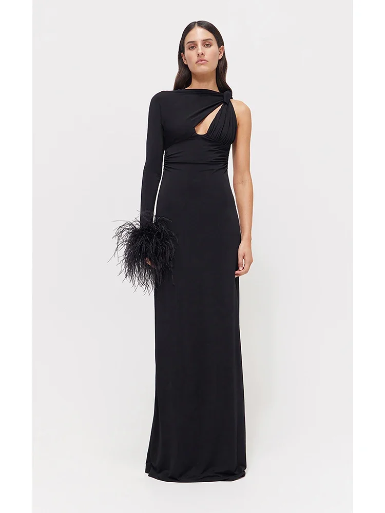 

BEVENCCEL 2024 Black Sexy One Shoulder Long Sleeve Feathers Long Dress Women Hollow Out Elegant Celebrity Party Maxi Dresses