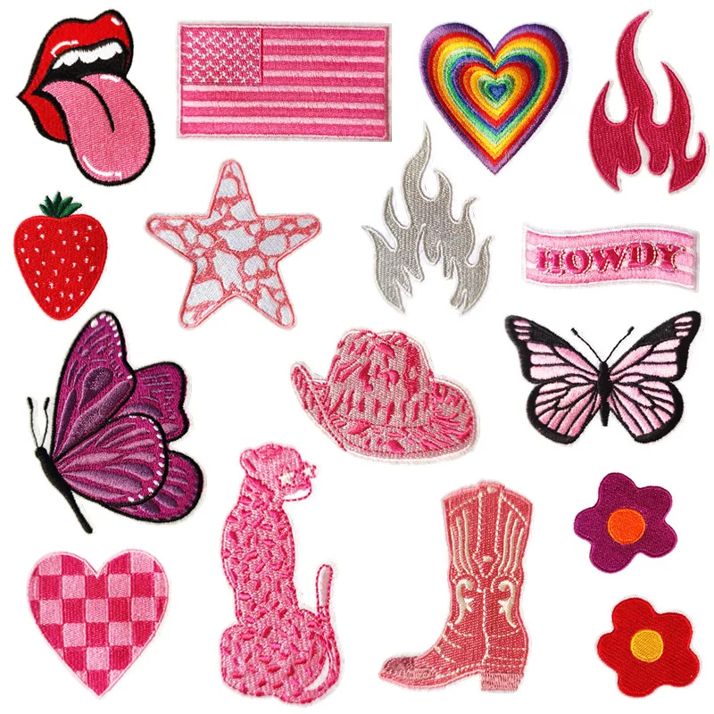 

Pink Girly Embroidery Patches Cute Star Flower Flame Heart Boot Cloth Appliques Peace Emblem Sexy Tongue Badge Iron On for Women