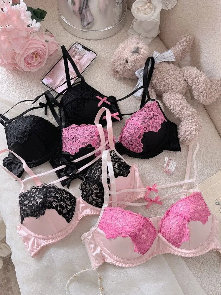 Women Underpants Low Waist Mesh Hollowed Bow Panties and Bra Set ...