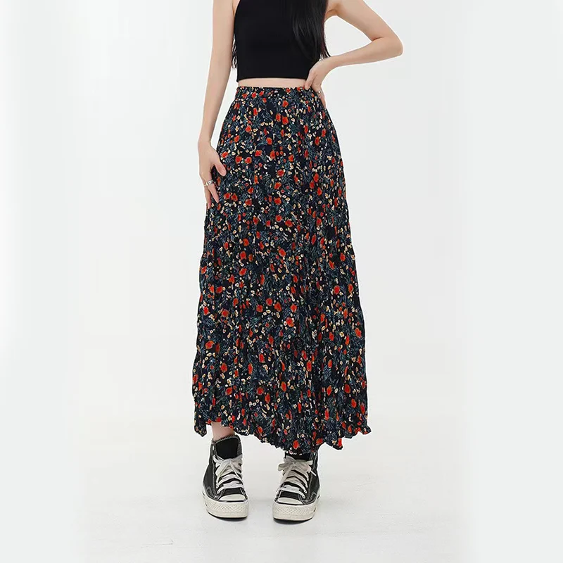 

Vintage Floral Print Skirt Women Spring Summer Elegant High Waist Midi Skirt Female Korean Folds A-Line Beach Holiday Skirts