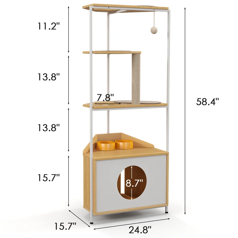 Corner Cat Tower, Cat Tree Scratching Post Condo with Feeding Station and Climbing Platforms Pet Furniture for Indoor Cats