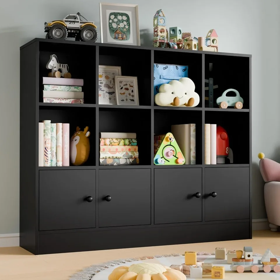 Black Wood Bookshelf with Adjustable Storage Cubes