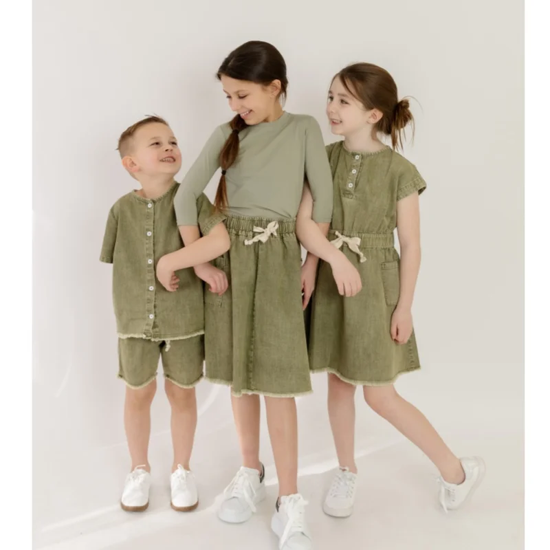 Pre-Order Washed Green Denim Fringe Collection: Kids' Fashion Cotton Apparel