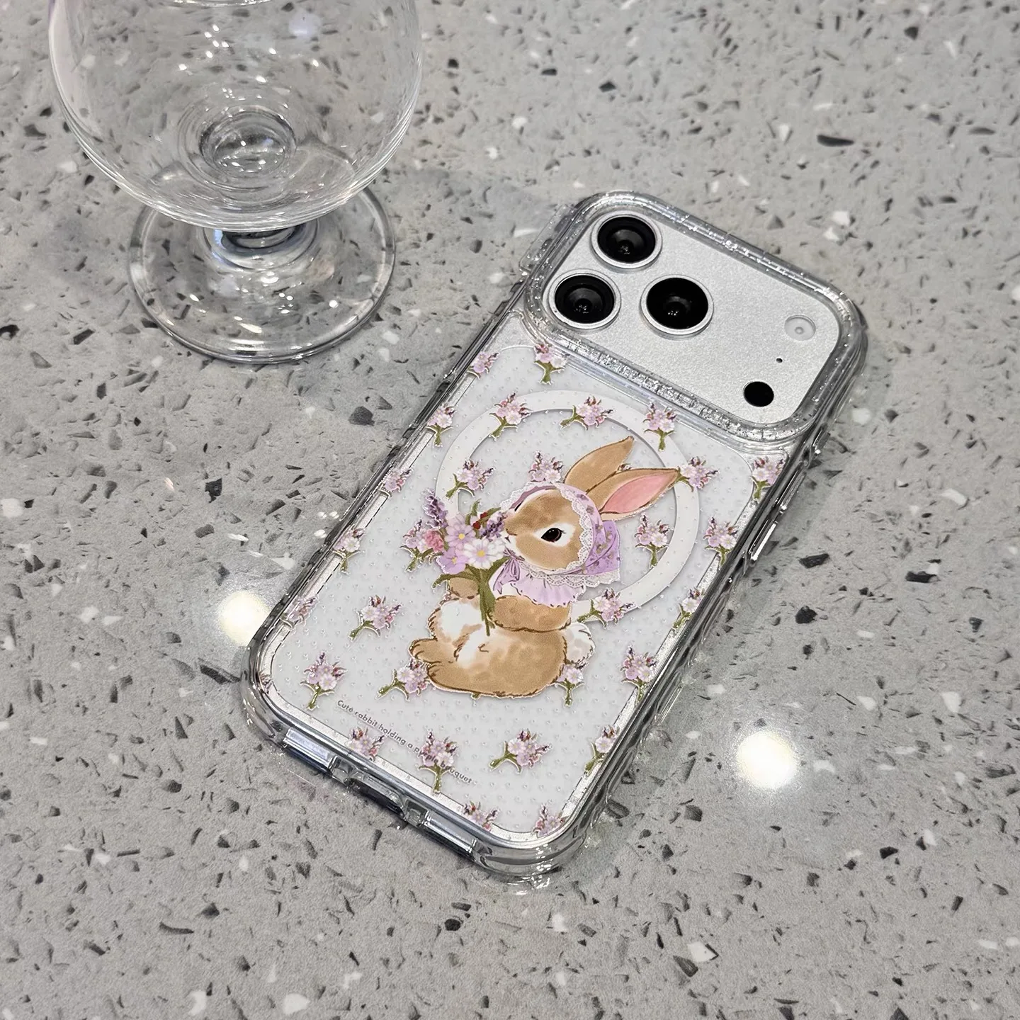 Korean Little Flower Rabbit Magnetic Phone Case with Magsafe Holder - Shockproof Cover