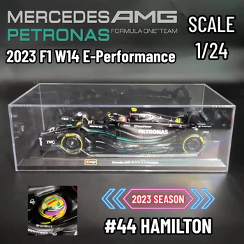 Bburago 1:24 Limited Edition Mercedes AMG W14 Replica, F1 2023 Car Model with Showcase Helmet, Scale Formula 1 Miniature Toy