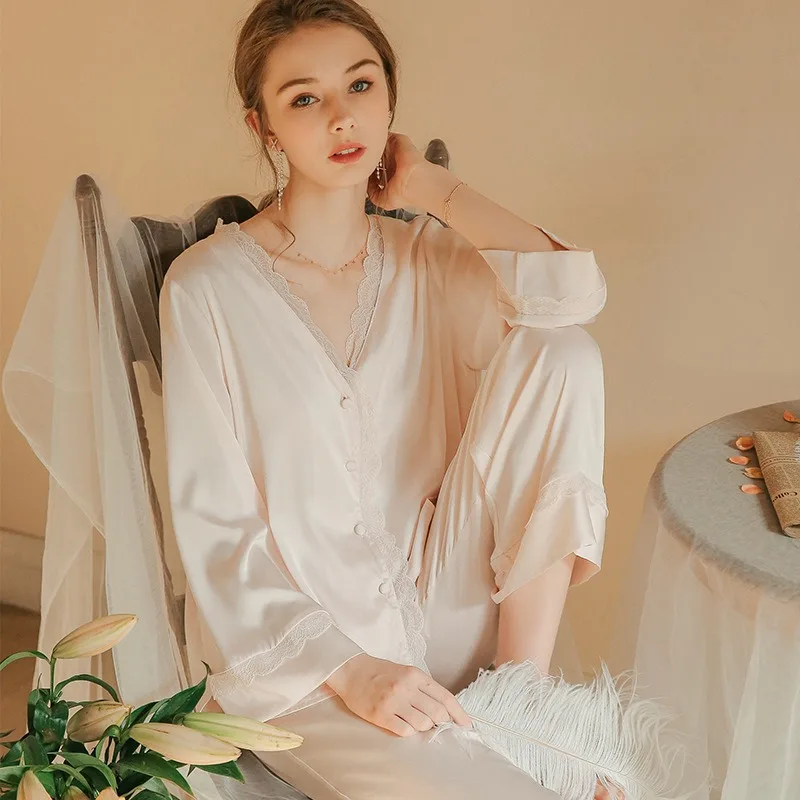 SXTHAENOO Spring Ice silk Women Pajama Set Two Pieces Long Sleeve Pants Home Clothes Night Wear Fashion Cardigan Pink Nightwear