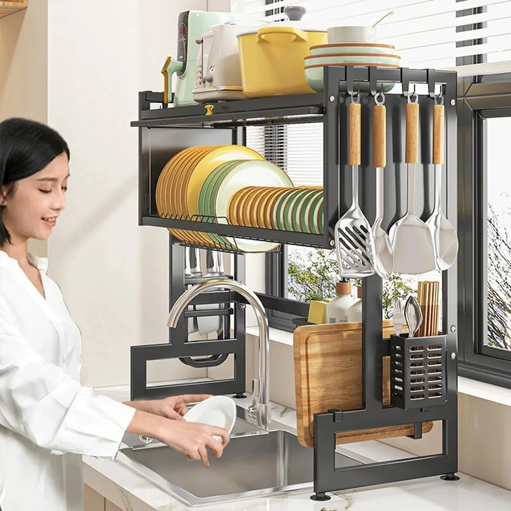 Metal Storage Rack Above Kitchen Sink Cutlery Storage Cabinet Multi Functional Dust-proof Belt Cabinet Door Bowl Tray Drain Rack